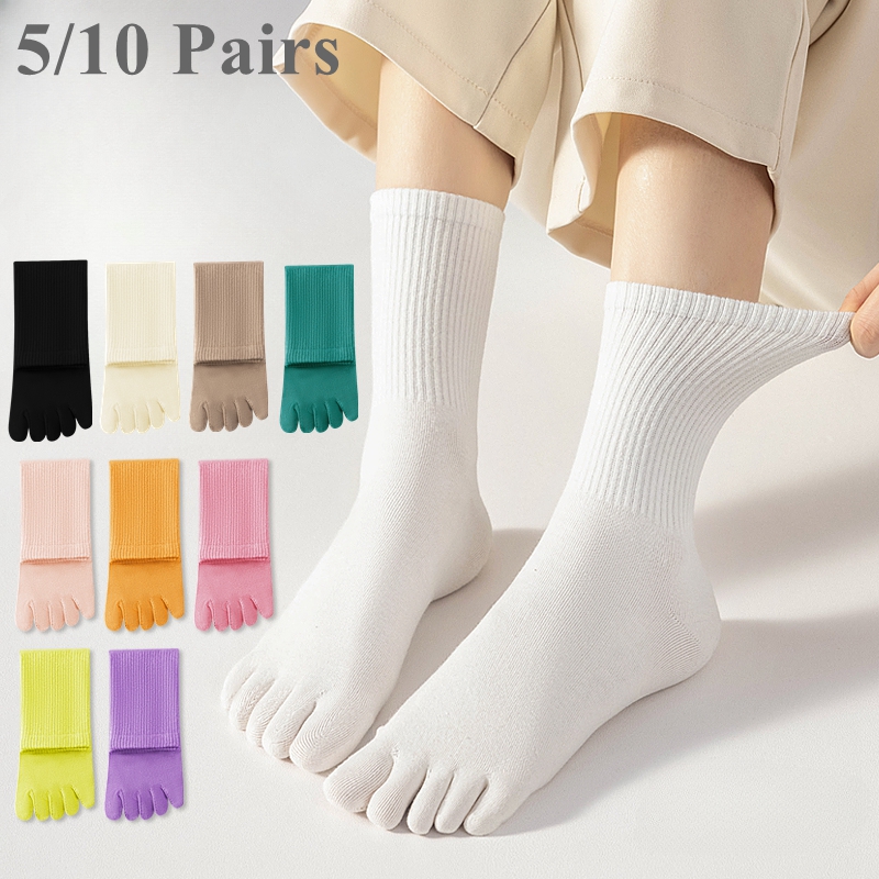Anti Blister Sock - 5 หรือ 10 คู่ผู้หญิงกีฬาถุงเท้านิ้วเท้าแยกนิ้วมือสูงห้านิ้วผ้าฝ้ายถุงเท้าลูกเรือโยคะคุณภาพสูง